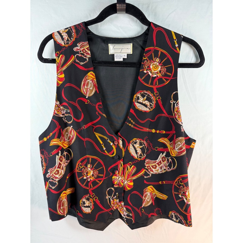 Spencer Jeremy Vintage 100% Silk Equestrian Horse Carriage Print Vest Black S